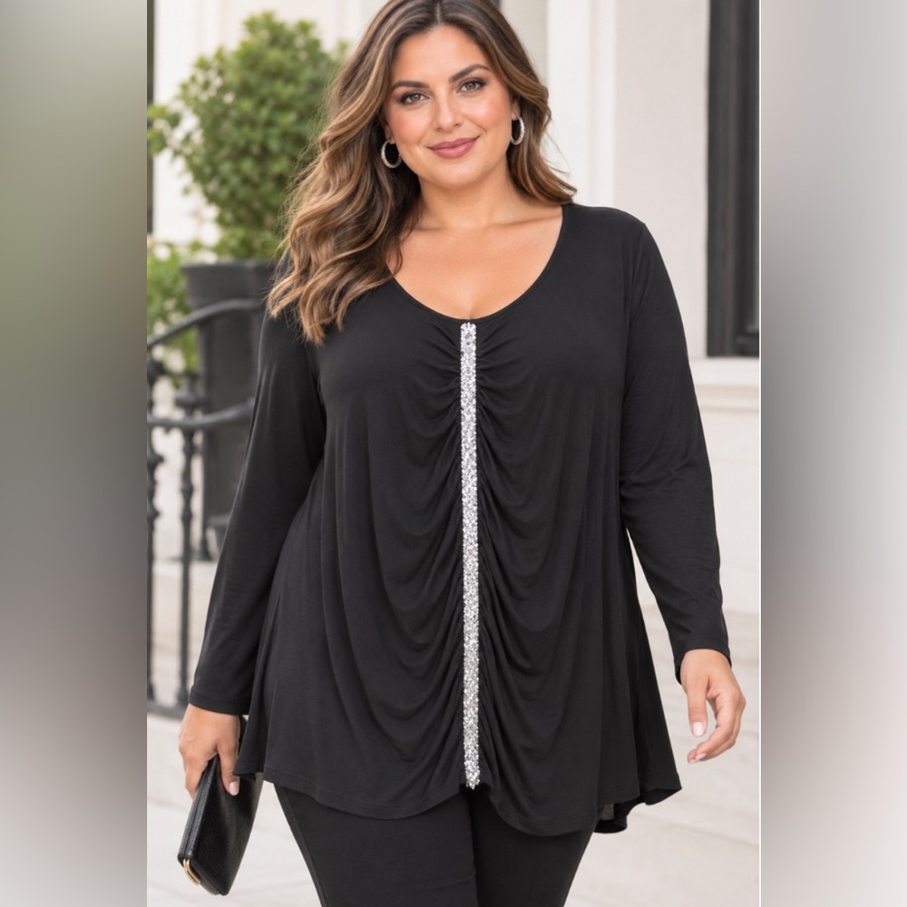 NWT Ashley Stewart Embellished Black Ruched V-Neck Top 26/28